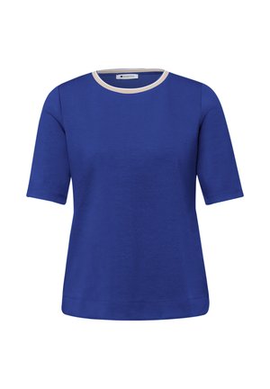 Haut bleu à manches courtes avec bordure beige au col rond, étiqueté Street One, présenté sur un fond blanc.