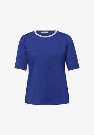 Haut bleu à manches courtes avec bordure beige au col rond, étiqueté Street One, présenté sur un fond blanc.