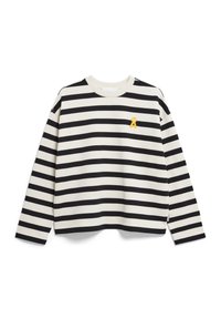 Zwart-wit gestreept sweatshirt met lange mouwen, ronde halslijn en een klein geel embleem op de borst. Gemaakt van zachte katoen.
