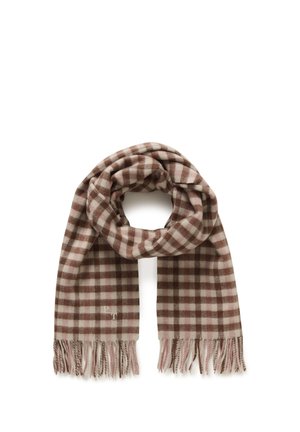 Écharpe en laine à carreaux bruns et blancs avec des franges aux extrémités, pliée en boucle sur fond blanc.