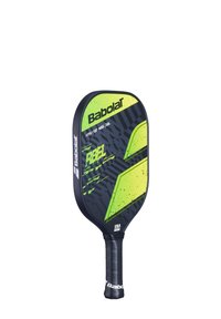 Babolat Rebel pickleball paddle med en sort bund med grønne accenter, tekstureret greb og iøjnefaldende grafiske designelementer.