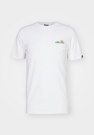 T-shirt bianco in cotone con logo "ellesse" verde, dotato di un sole multicolore e una piccola etichetta nera sulla manica sinistra. Maniche corte, colletto rotondo.