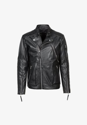 Sort læderbikerjakke med quiltede skuldre og ærmer, flere lynlåslommer og asymmetrisk lynlåslukning foran.