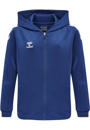Veste à capuche zippée bleue en tissu lisse. Présente des accents blancs sur les manches et un logo sur le devant. Comprend deux poches latérales.