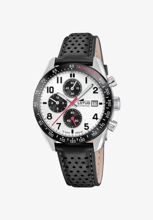 Chronograafhorloge met een zilveren wijzerplaat, zwarte subdials en tachymeter. Voorzien van een roestvrijstalen kast en een zwarte geperforeerde leren band.