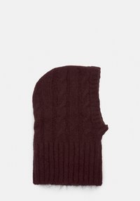 Burgundy knitted fingerless gloves with a cable pattern, ribbed cuff, and soft texture, designed for warmth and dexterity.