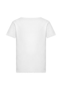 Weißes Baumwoll-T-Shirt mit kurzen Ärmeln, einem Rundhalsausschnitt und glatter Textur. Keine sichtbaren Logos oder Muster auf der Rückseite.