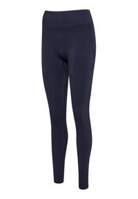 Leggings bleu marine sans couture avec taille haute, coupe ajustée et texture côtelée, conçus pour le confort et la flexibilité.