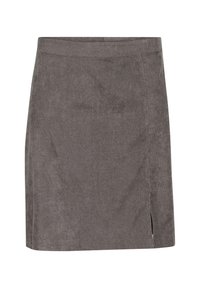 Jupe en velours côtelé gris avec une coupe droite, dotée d'une fente latérale et d'une taille épurée pour un design minimaliste. Texture douce, longueur mi-cuisse.