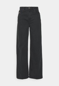 Black wide-leg jeans made of denim, featuring a high waist, five pockets, and a button closure. Smooth texture with a clean finish.