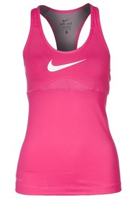 Débardeur de sport Dri-FIT rose avec un design dos nageur, un panneau en mesh sur la poitrine et un logo Nike blanc à l'avant.