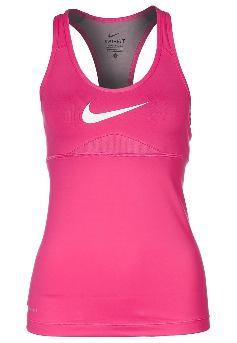 Débardeur de sport Dri-FIT rose avec un design dos nageur, un panneau en mesh sur la poitrine et un logo Nike blanc à l'avant.