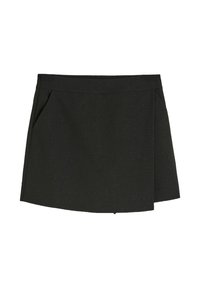 Czarna spódnica o teksturowanej tkaninie, z dopasowanym pasem, bocznymi kieszeniami i plisowanym wzorem z przodu.