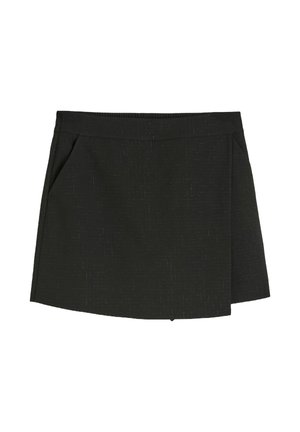 Czarna spódnica o teksturowanej tkaninie, z dopasowanym pasem, bocznymi kieszeniami i plisowanym wzorem z przodu.