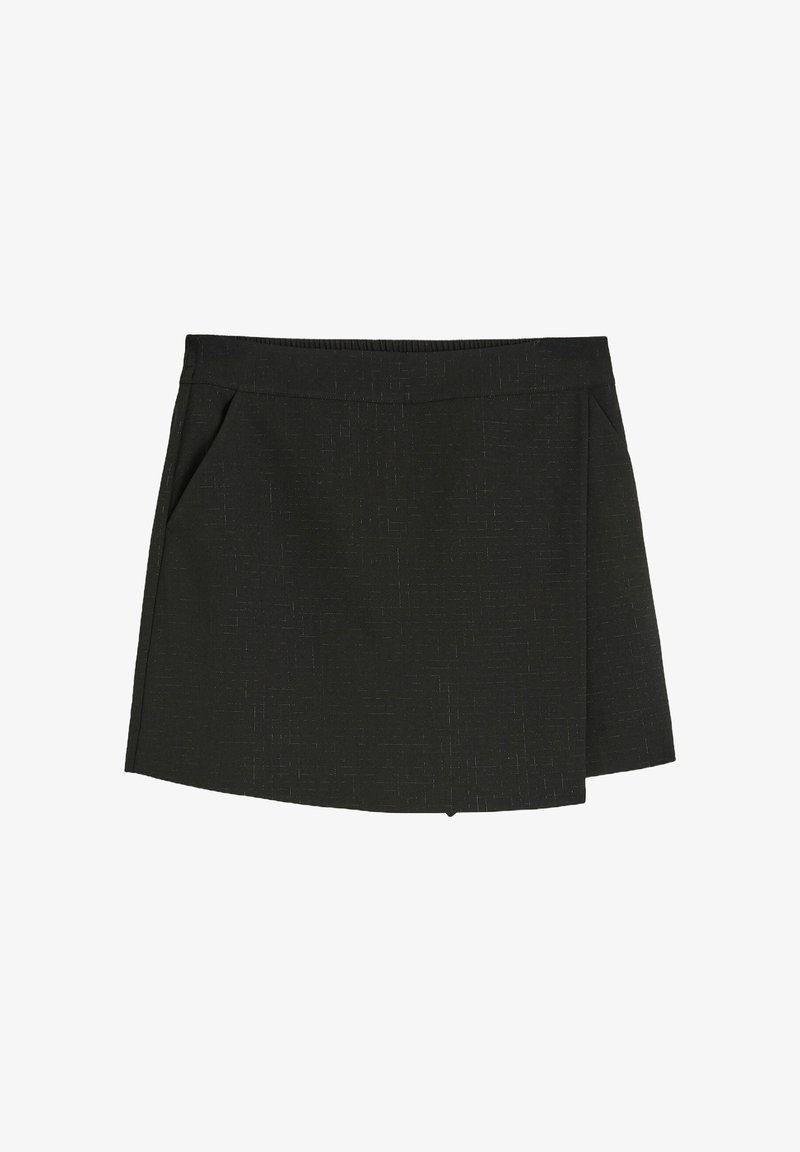 Czarna spódnica o teksturowanej tkaninie, z dopasowanym pasem, bocznymi kieszeniami i plisowanym wzorem z przodu.