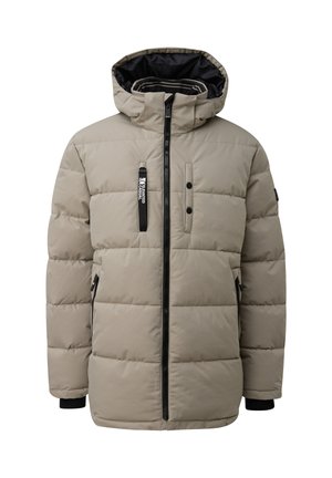 Doudoune d'hiver beige rembourrée avec capuche, fermeture éclair noire, poches verticales sur la poitrine et poignets élastiques noirs.