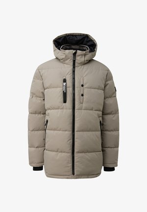 Doudoune d'hiver beige rembourrée avec capuche, fermeture éclair noire, poches verticales sur la poitrine et poignets élastiques noirs.