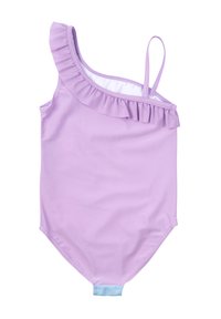 Costume intero lilla con spallina arricciata, spallina sottile da un lato, tessuto morbido e leggero con un fondo blu a contrasto.