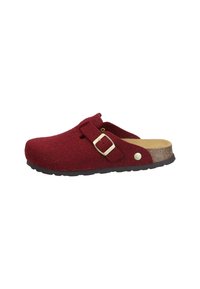 Roter Filzclog mit abgerundeter Spitze, verstellbarem Riemen und einer Metallschnalle sowie einer Korkfußbett. Schwarze Gummisohle für besseren Halt.