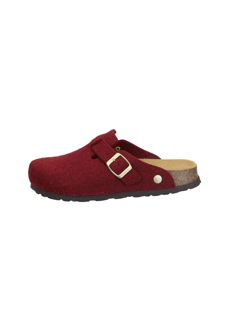 Roter Filzclog mit abgerundeter Spitze, verstellbarem Riemen und einer Metallschnalle sowie einer Korkfußbett. Schwarze Gummisohle für besseren Halt.
