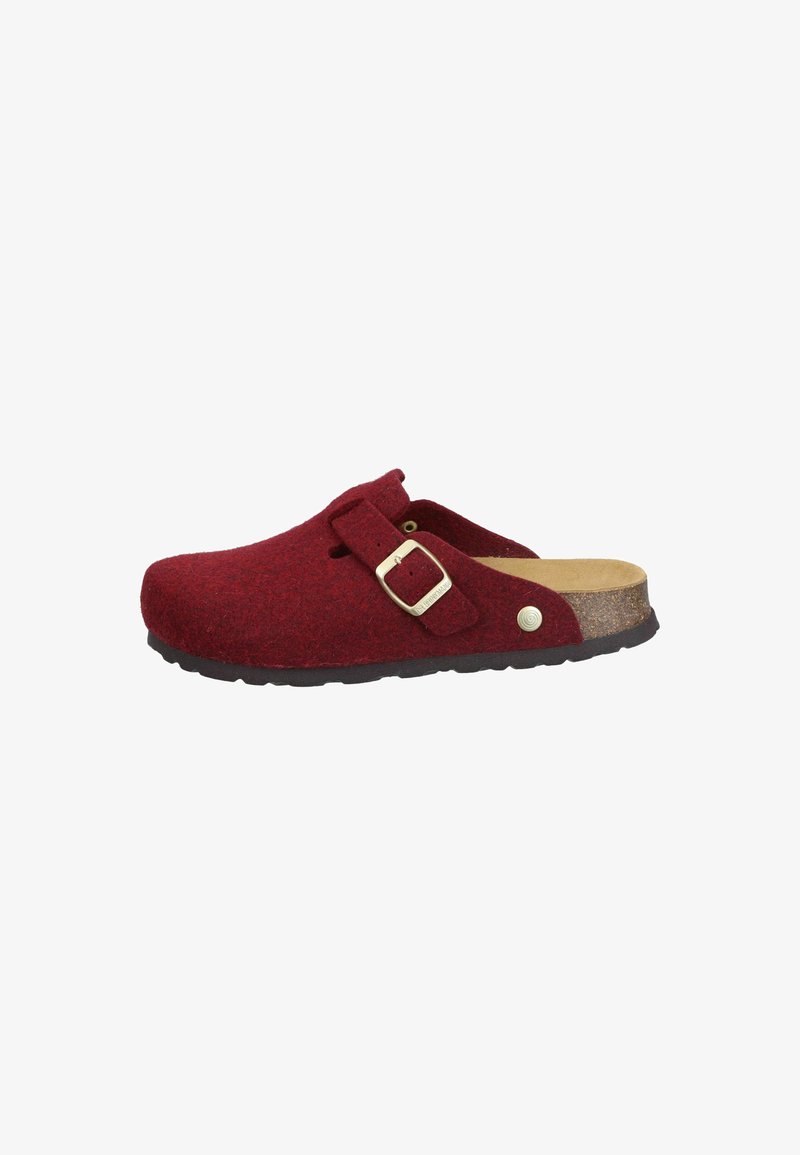 Red felt clog with a rounded toe, adjustable strap featuring a metal buckle, and a cork footbed. Black rubber outsole for grip.