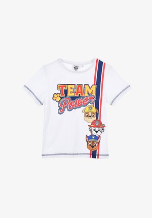 White T-shirt featuring colorful “TEAM Power” text and cartoon dog characters. Short sleeves, crew neck, with red and blue accent stripes.