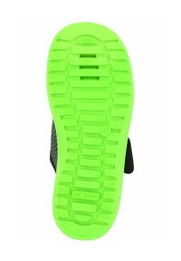 Schwarze Schuhsohle mit strukturierten Oberflächen und einem auffälligen grünen Traktionsmuster. Verfügt über ein Flex-Rillen-Design für besseren Halt. Größe mit 28 gekennzeichnet.