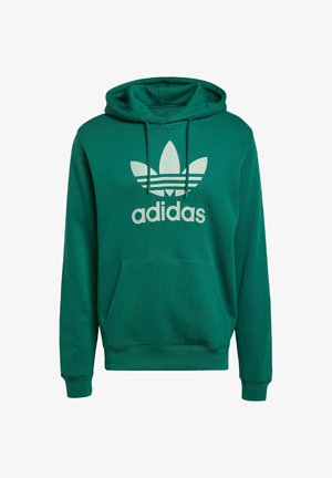 Green Adidas hoodie made from soft fabric, featuring a large white logo and three-stripe design on the front, with a kangaroo pocket.