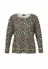Leopardprint lange mouwen top in beige, bruin en zwart, heeft een ronde halslijn en gele afwerking langs de mouwen en zoom.