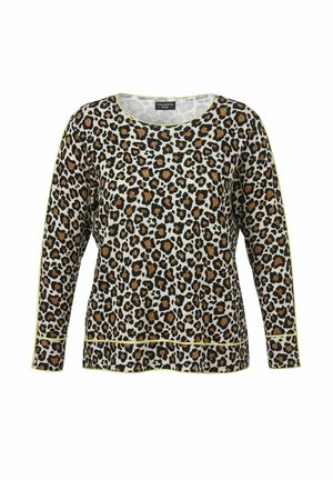 Langarmoberteil mit Leopardenmuster in Beige, Braun und Schwarz, mit Rundhalsausschnitt und gelbem Saum an den Ärmeln und dem unteren Abschluss.