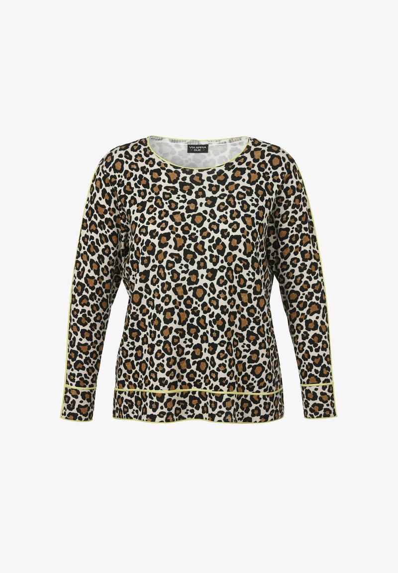 Langarmoberteil mit Leopardenmuster in Beige, Braun und Schwarz, mit Rundhalsausschnitt und gelbem Saum an den Ärmeln und dem unteren Abschluss.