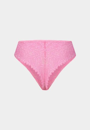 Roze kanten hoge taille slipjes met bloemenpatronen, gezwikte randen en een gestructureerde afwerking. Zacht materiaal met een glad uiterlijk.