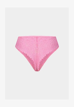 Roze kanten hoge taille slipjes met bloemenpatronen, gezwikte randen en een gestructureerde afwerking. Zacht materiaal met een glad uiterlijk.