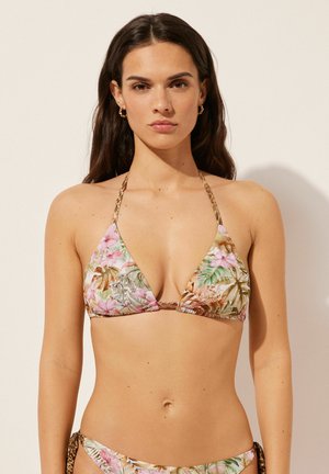 Floral triangle bikini top in pastel colors with a tie neckline. Features a leopard print band and a smooth fabric texture.