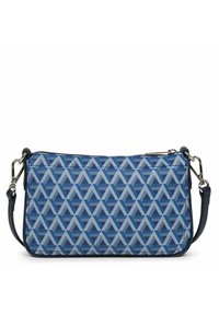 Sac banane géométrique bleu avec fermeture à zip, fabriqué en tissu, doté d'une sangle amovible et d'accents en métal argenté.