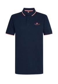 Polo shirt navy de algodón, con un collar clásico, tapeta de tres botones y detalles en color coral en el collar y los puños de las mangas. Logo impreso en el pecho.