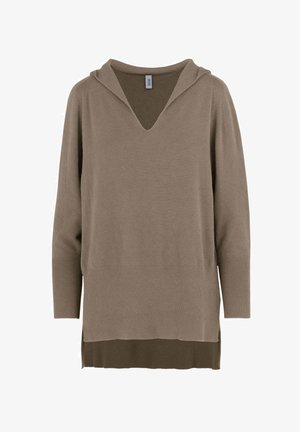 Lange mouwen, hooded sweater in lichtbruin met een V-halslijn. Kenmerkt zich door ribstructuur bij de manchetten en de zoom, met een gelaagde, iets langere achterkant.