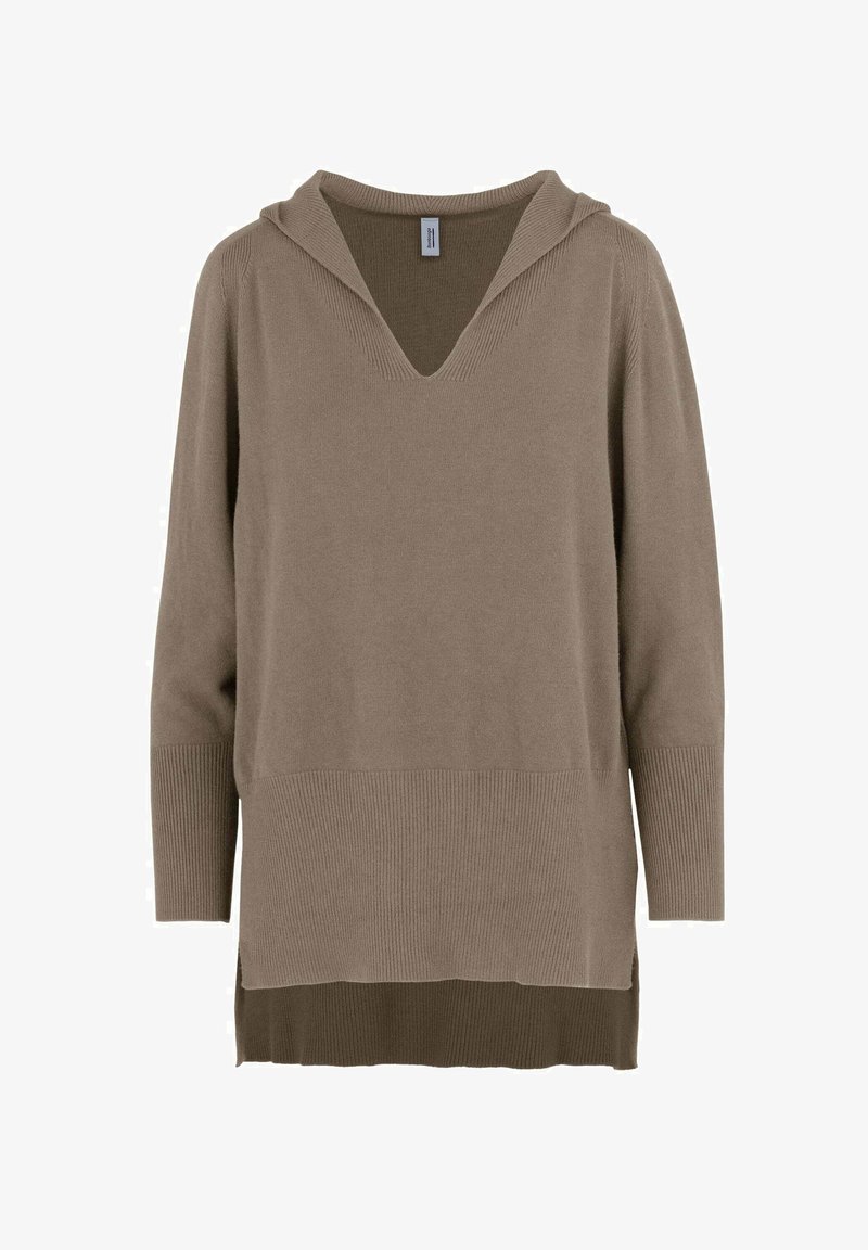 Lange mouwen, hooded sweater in lichtbruin met een V-halslijn. Kenmerkt zich door ribstructuur bij de manchetten en de zoom, met een gelaagde, iets langere achterkant.