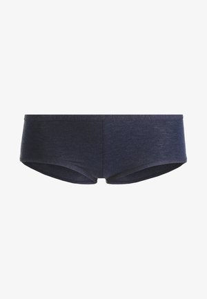 Tumedat sinised, tekstuursed puuvillased hipster-aluspüksid sileda veebiga ja keskmise kõrguse lõikega, millel on puhas ja minimalistlik disain.
