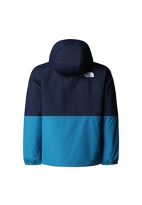 Jachetă impermeabilă cu partea superioară bleumarin și partea inferioară turcoaz, glugă ajustabilă, manșete elastice și detaliu cu logo pe spate.