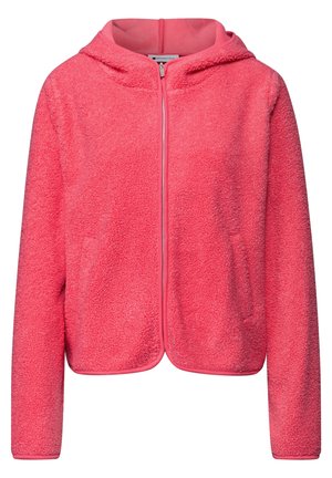 Korallinpunainen fleece-takki hupulla, koko etuosan vetoketjulla ja taskuilla, pehmeästä teksturoidusta kankaasta valmistettu ja pitkähihainen.