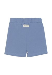 Blå bomullsshorts med elastisk midja, med en etikett märkt "EN·FANT." Slät textur, enkel design och inga synliga mönster.