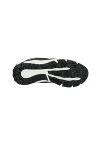 Black sports shoe sole with deep treads and white accents. Features a textured surface for grip, with a curved shape and distinct patterns.