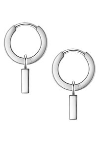 Silverhänge i form av en cirkel med en vertikal rektangulär hängande del. Slät textur, polerad yta och minimal hårdvara.