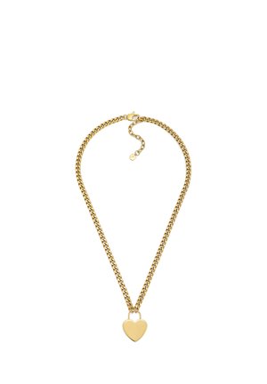 Goldene Halskette mit einem großen herzförmigen Anhänger, der ein verdrehtes Glied-Design aufweist, und einem Verschluss mit verstellbarer Kette.