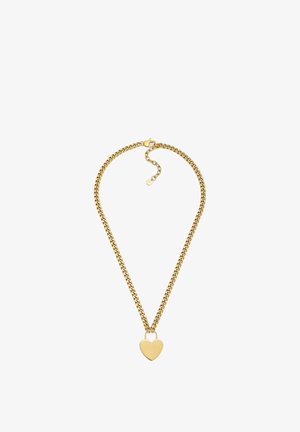 Goldene Halskette mit einem großen herzförmigen Anhänger, der ein verdrehtes Glied-Design aufweist, und einem Verschluss mit verstellbarer Kette.