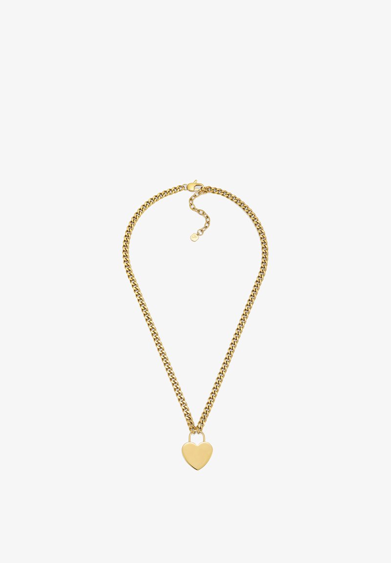 Collier en chaîne dorée avec un grand pendentif en forme de cœur, présentant un design à maillons torsadés et une fermeture à agrafe avec une chaîne réglable.