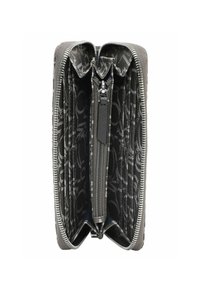 Portefeuille avec extérieur en cuir gris, fermeture éclair et tissu à motifs à l'intérieur. Comprend plusieurs compartiments et une poche centrale zippée.