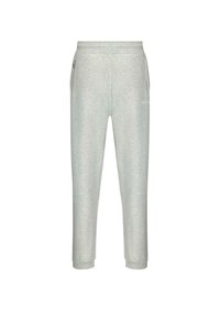 Light grey sweatpants made of soft fabric, featuring a tapered design, elastic waistband, and zippered side pockets.