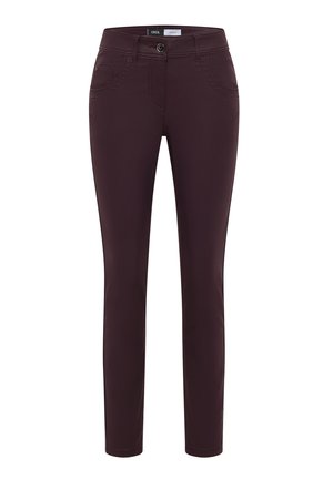 Bordowe legginsy o dopasowanym kroju, z dwoma przednimi kieszeniami, zapięciem na guziki oraz delikatnymi detalami przeszycia wzdłuż kieszeni.